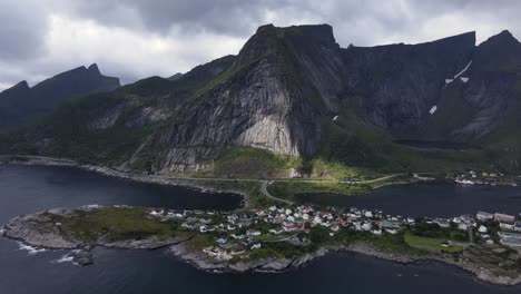 Aerial-of-Reine-fishing-village-on-the-island-of-Moskenesoya,-Norway