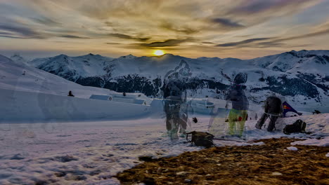 Timelapse-of-people-at-Livigno-Nine-Knights-event-during-sunset,-Italy