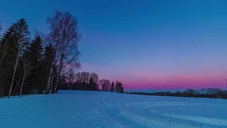 Magical-purple-colored-sky-over-Forested-snow-covered-meadow,-Time-Lapse