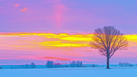 Ein-Einsamer-Baum-Auf-Dem-Land-Im-Winter-Mit-Einem-Goldenen-Sonnenuntergang-Und-Einer-Wolkenlandschaft-Am-Horizont---Zeitraffer