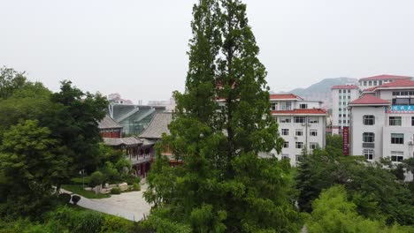 Luftbild-Schnell-Aufsteigender-Blick-Auf-Das-Stadtbild-Des-Bezirks-Huancui-Von-Einem-Wunderschönen-Chinesischen-Gartenteich-In-Weihai,-China