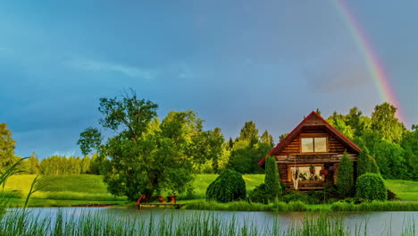 Wooden-hut-on-lake-banks-in-bucolic-and-idyllic-landscape-with-colorful-rainbow-in-background