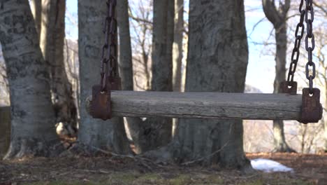 Close-up-Shot-of-Wooden-Rusty-Swing-Into-Trees,-Forrest-Background,-4K-Footage