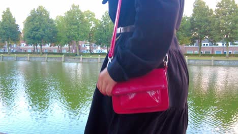 Close-up-hips-of-woman-in-black-dress-with-red-lady-bag-walks-quay-in-slow-motion