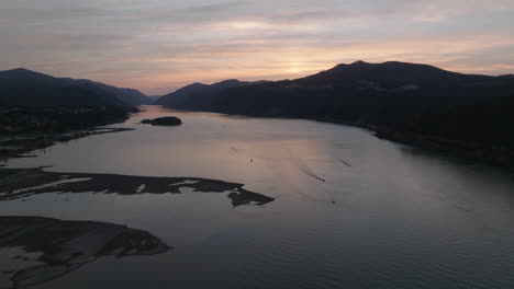 Drone-aerial-of-Columbia-River-Gorge-at-sunset-2