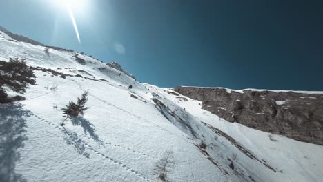 Filmische-Fpv-drohnenaufnahme-Eines-Schneebedeckten-Berghangs-Mit-Einem-Tier,-Das-Den-Berg-Hinaufläuft