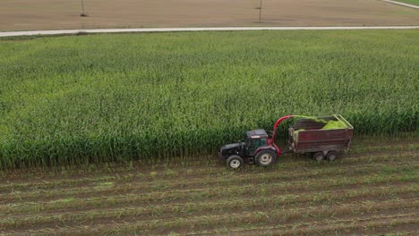 Traktor-Mit-Maiszerkleinerungsmaschine,-Zerschlagen-Von-Mais-Auf-Dem-Feld-Für-Biomasse,-Luftbild