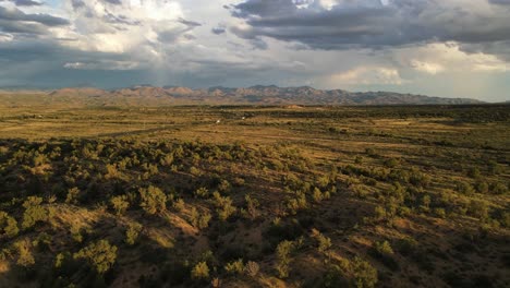 Aerial-View,-Drone-Flying-over-bushes-in-Desert-at-Sunset,-Mountains-and-Large-Storm-Clouds-in-the-Background,-Golden-Hour