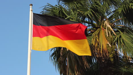 Flag-of-Germany-blowing-gently-on-clear-day,-palm-tree-in-background