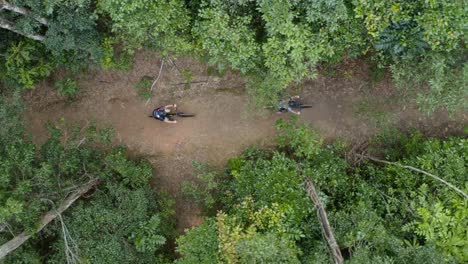 Cyclists-riding-through-a-forest,-aerial-birds-eye-view