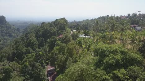 Aerial-flyover-of-modest-tourism-resort-on-jungle-mountain-ridge,-Bali