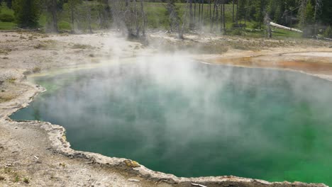 Dampf-Steigt-Aus-Einem-Leuchtend-Grünen-Geysir-Im-Yellowstone-Nationalpark-Auf