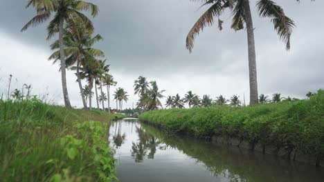 Ein-Kanal,-Der-Mitten-Durch-Einen-Kokosnusshain-Verläuft,-Aufgrund-Des-Klimawandels-Steigt-Das-Wasser,-Bereit,-Wieder-Zu-Regnen,-Dunkler-Himmel