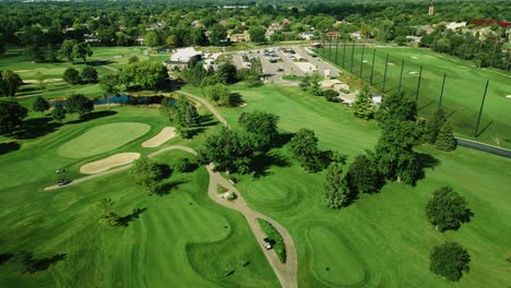 Flight-Over-Golf-Course,-Amazing-View-Of-Field-Landscape-With-Lakes,-Northbrook-,-Illinois,-Chicago