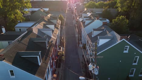 Aerial-shot-of-narrow-street-in-urban-city-Back-street-alley-of-American-town