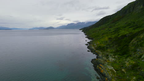 Drone-video-flying-up-on-the-coast-of-Ushuaia-Patagonia-Argentina-by-the-Beagle-Channel-with-trees,-mountains-ocean-in-the-background