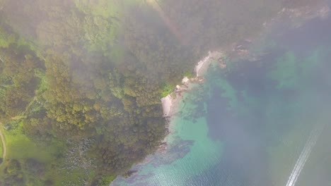 Vista-Aérea-De-Pájaros-Atravesando-Las-Nubes-Para-Revelar-La-Costa-Del-Bosque-Tropical-Con-Playa