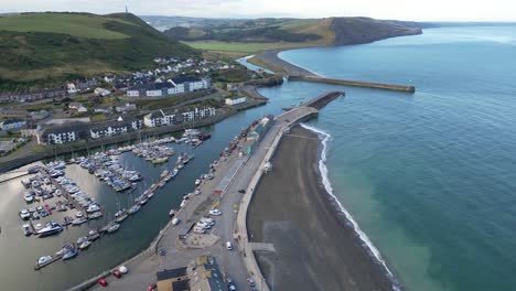 Drone-footage-on-a-summer-day-in-UK-Wales-Aberystwyth-around-the-beach,-harbour,-sea-side,-clif-and-town-front-17