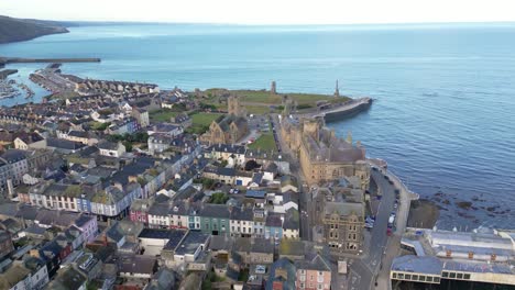 Drone-footage-on-a-summer-day-in-UK-Wales-Aberystwyth-around-the-beach,-harbour,-sea-side,-clif-and-town-front-18