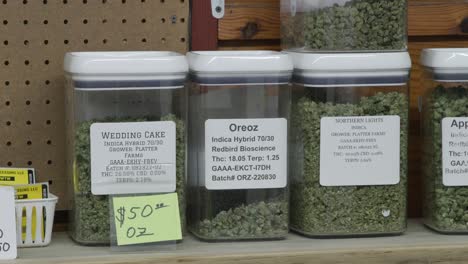 Marijuana-dispensary-weed-in-canisters-for-sale-legalize-medicinal-interesting-strains-b-roll-drugs