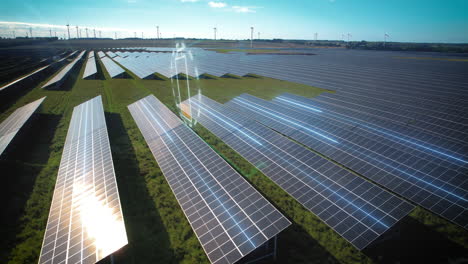 Toma-Aérea-De-Líneas-Digitales-Que-Conectan-La-Granja-De-Paneles-Solares-Y-Cargan-Gráficos-De-Movimiento-De-Batería-Al-Aire-Libre-Durante-El-Día-Soleado---Producción-De-Energía-Verde-Sostenible-En-La-Naturaleza---Concepto-Futurista