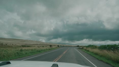Point-of-view-of-a-car-driving-on-a-hawaiian-road-in-cloudy-weather