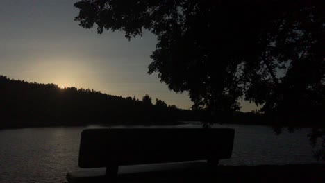 4k-Handheld-footage-of-a-bench-underneath-a-tree-in-front-of-a-river-at-sunset-in-the-Pacific-Northwest-of-America