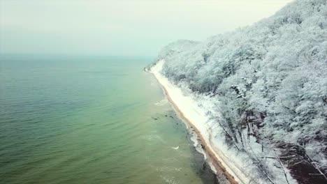 Drone-flying-above-a-seashore-near-a-winter-forest