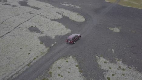 Aerial-vidoe-of-4x4-car-driving-on-dirt-roads-on-Iceland