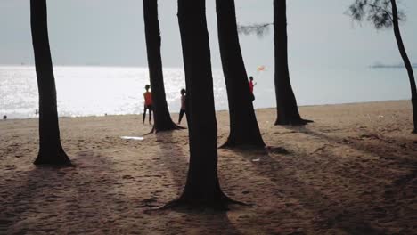 Silhouette-Von-Völkern,-Die-Zwischen-Bäumen-Am-Strand-Laufen-Und-Spaß-Haben,-Mit-Wunderschönem-Sonnenlichtreflexions-Meereshintergrund