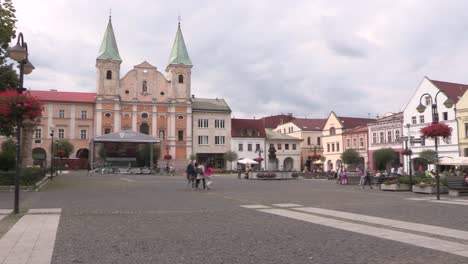 Market-or-main-square-in-Zilina-with-church-in-Slovakia,-Europe