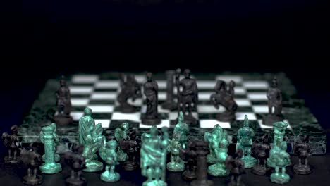 Ancient-marble-chessboard-with-teal-bronce-knights-as-pawns-slider-macro-3