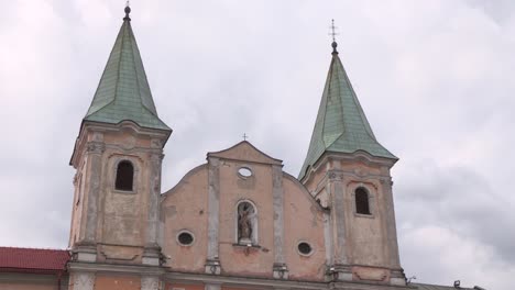 Close-up-of-church-of-Zilina-at-market-square,-Slovakia,-Europe