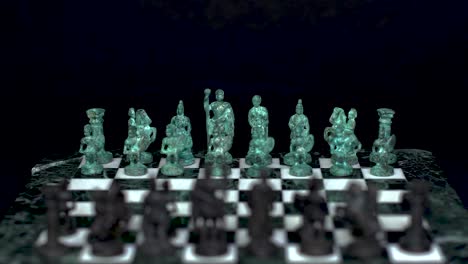 Ancient-marble-chessboard-with-teal-bronce-knights-as-pawns-slider-macro-6