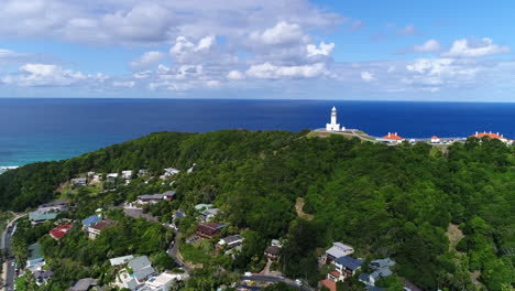 Aerial-drone-footage-of-the-Bryon-Bay-Lighthouse-with-stunning-contrast-with-the-green-and-the-blue