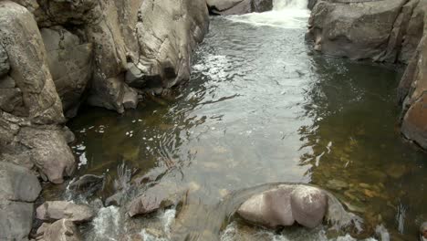 Schwenken-Sie-Nach-Oben-über-Den-Fluss-Zum-Wasserfall-In-Der-Schlucht-In-Colorado