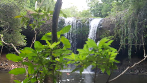 Erstaunliche-Aufnahmen-Eines-Wasserfalls,-Der-Hinter-Grünem,-üppigem-Laub-Hervorlugt