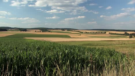 Beautiful-pan-shot-over-fields-in-Bavaria-near-Mendorf-in-summer,-Germany