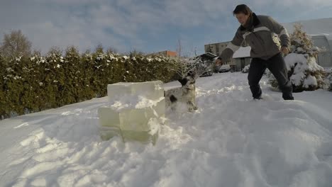 Gefleckter-Weißer-Hund-Mit-Schwarz-Um-Das-Auge,-Der-Mit-Dem-Besitzer-Auf-Dem-Schnee-Spielt
