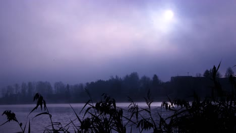 Nebliger-Sonnenaufgang-über-Dem-Fluss-Und-Rauscht-Am-Herbstmorgen