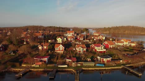 Aerial-View-Of-Picturesque-Cottages-On-Summer-Paradise-Brandaholm-in-Karlskrona,-Sweden-1