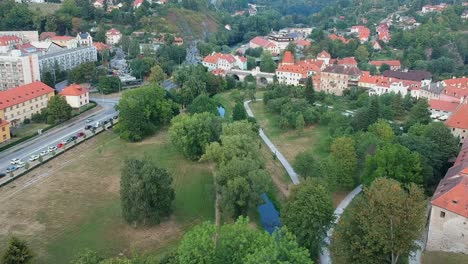 Flying-drone-shot-for-public-Park-in-Cesky-Krumlov---Czech-Republic