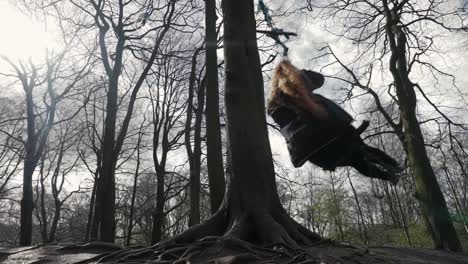 Pretty-young-woman-swinging-on-rope-swing-in-British-woodland