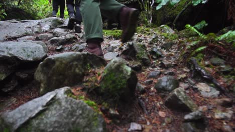SLOW-MOTION:-Hiker-woman-walking-along-rocky-path-in-a-forest-4K