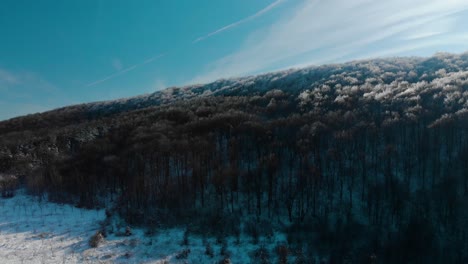 Drone-get-lower-and-rotate-over-car-road-and-forest-in-sunny-winter-day
