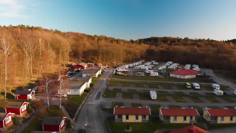 Drone-footage-over-Lisebergsbyn-camping-located-in-Orgryte,-Gothenburg,-Sweden