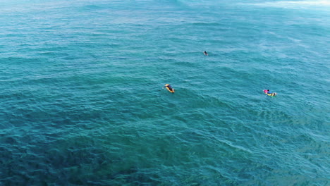 Luftaufnahmen-Von-Drei-Surfern,-Die-Auf-Einem-Wunderschönen-Klaren-Ozean-Auf-Die-Wellen-Zupaddeln
