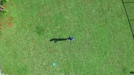 Ascending-drone-aerial-footage-of-a-man-controlling-and-flying-a-drone-in-a-grassy-field-in-Brasilia,-Brazil