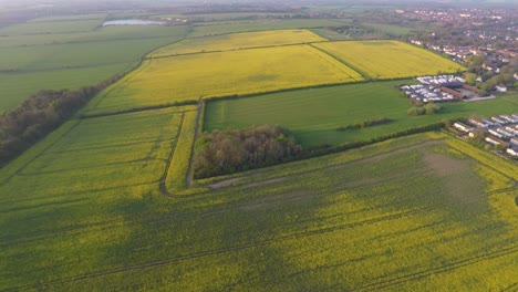 Flying-over-beautiful-yellow-fields-as-the-sun-slowly-sets