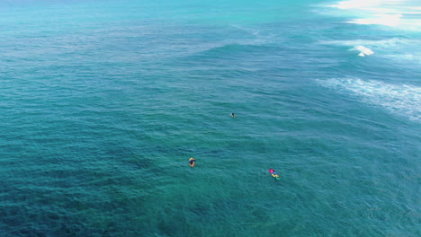 Traveller's-dream-location,-aerial-footage-of-surfers-paddling-towards-the-ocean's-white-waves-on-a-warm,-sunny-day